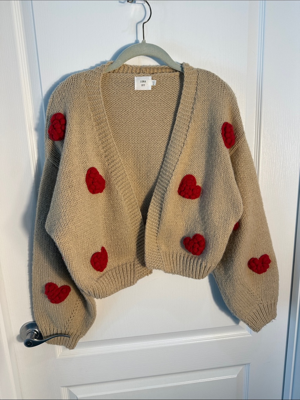 Luna Ivy AnthropologyBeige Knit Cardigan with Red Puff Ball Heart Appliqués sz M